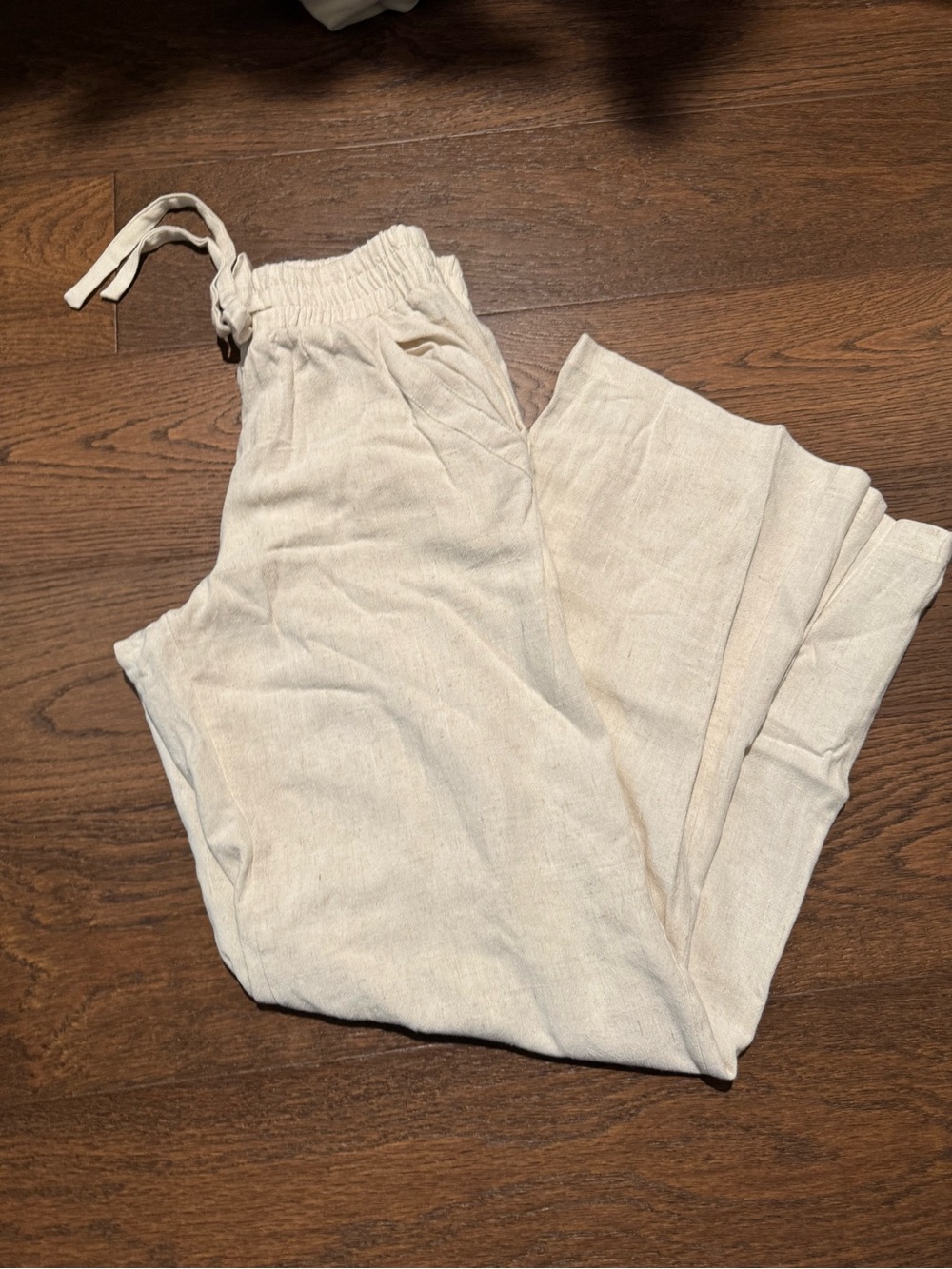Cream Elastic-Waist Linen Blend Pants